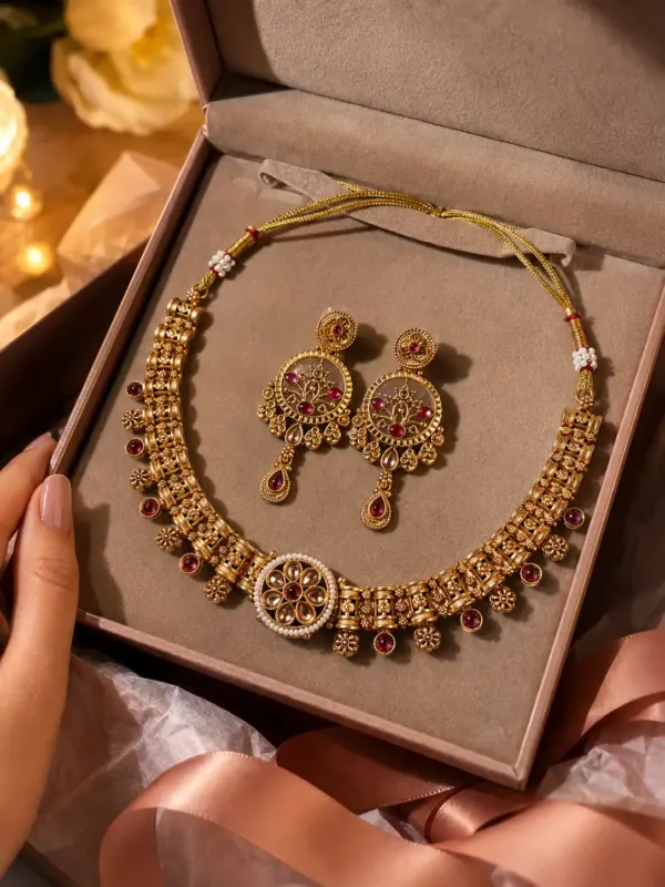 temple style necklace set for women – Rajvanshi Pink Floral Temple-Style Necklace Set, additional product view 8