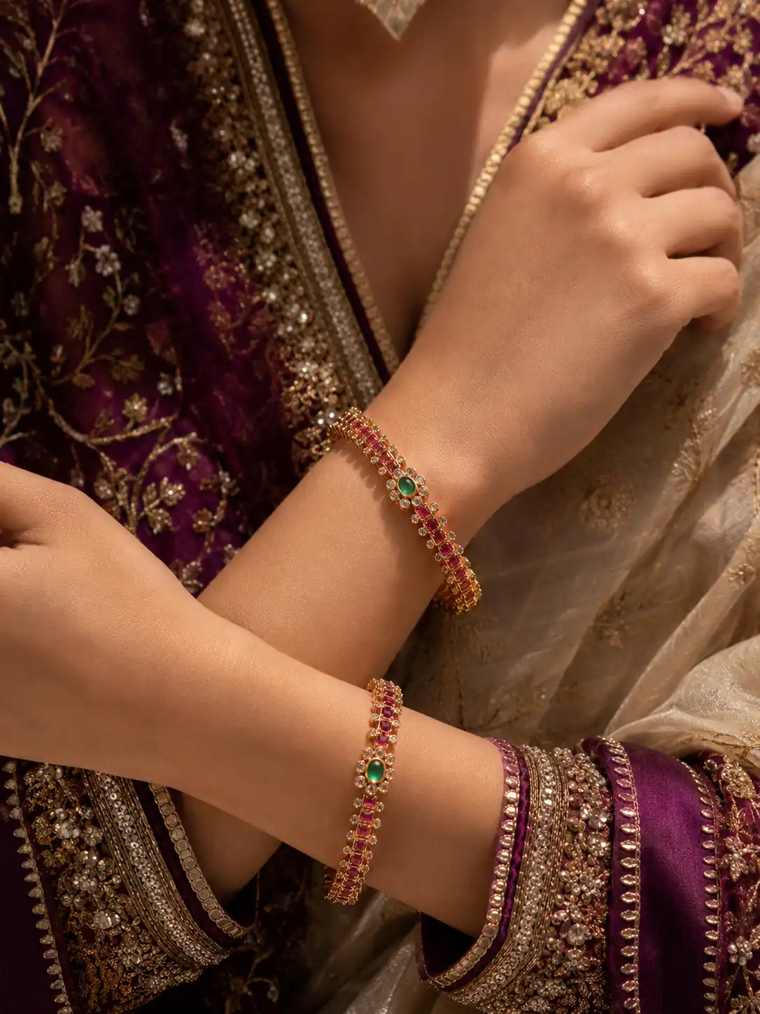 kundan heritage kada bangles for women – Gulrani Pink & Green Floral Bangle Pair, additional product view 8