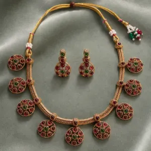 pink green floral medallion necklace set – Gulnaar Pink & Green Floral Medallion Necklace Set