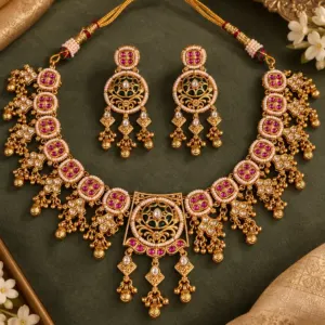 pink medallion and green-centre necklace set – Rajkamal Pink Medallion & Green-Centre Necklace Set