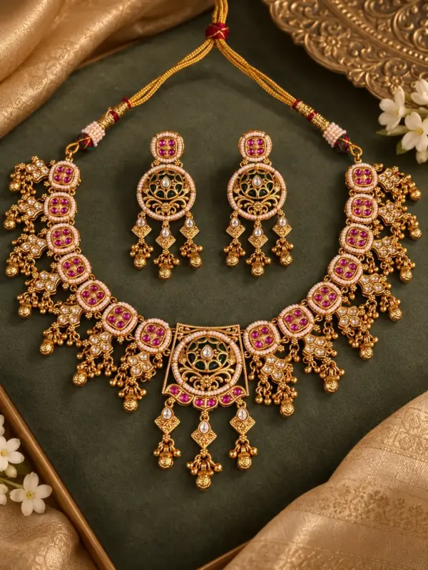 pink medallion and green-centre necklace set – Rajkamal Pink Medallion & Green-Centre Necklace Set