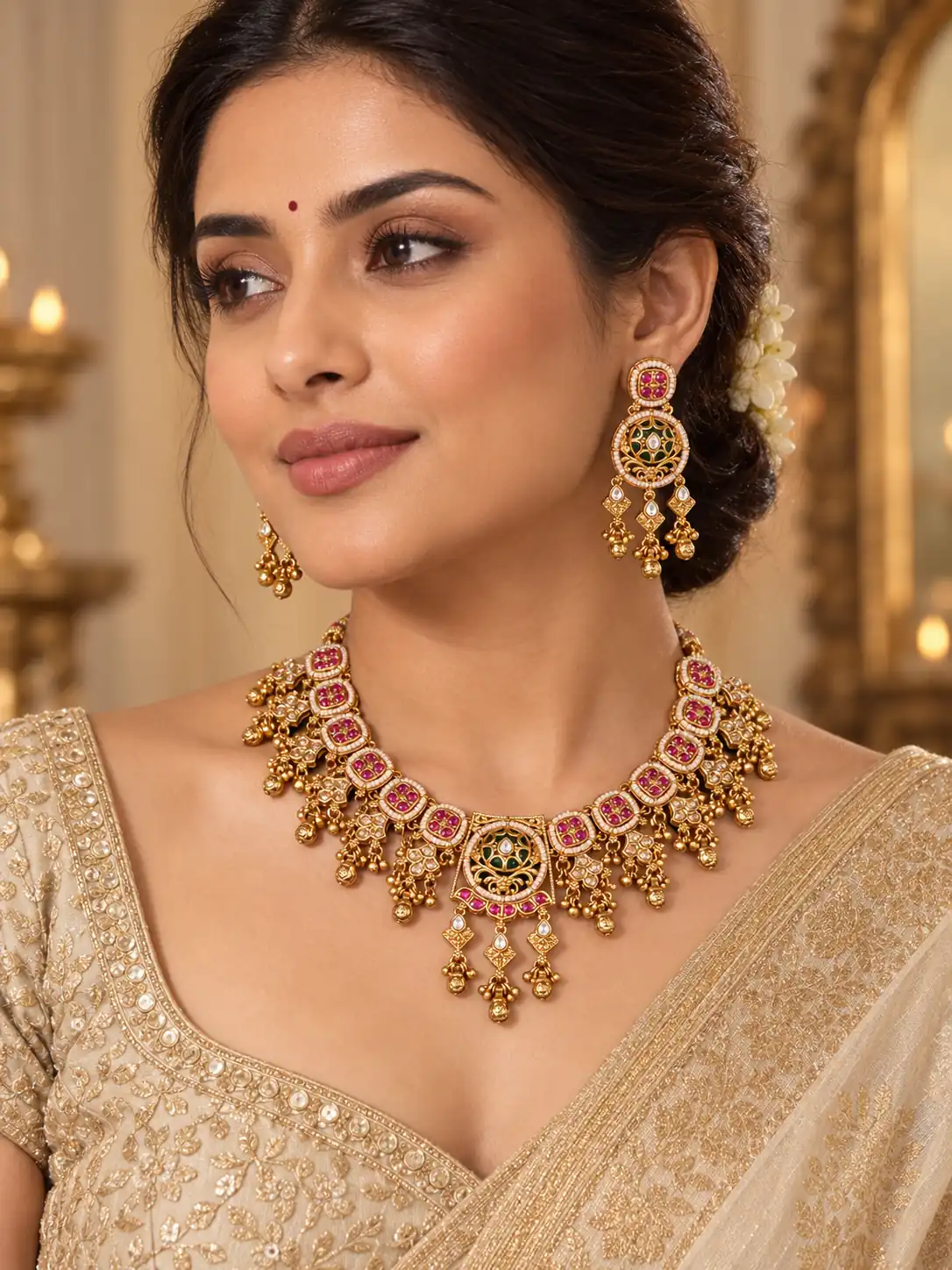 pink medallion and green-centre necklace set for wedding and festive wear – Rajkamal Pink Medallion & Green-Centre Necklace Set, additional product…
