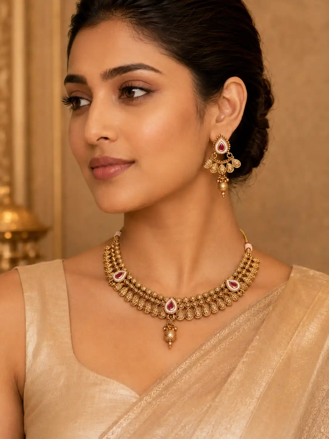 premium artificial necklace set for wedding wear – Rajmohini Pink Teardrop Heritage Necklace Set, additional product view 7