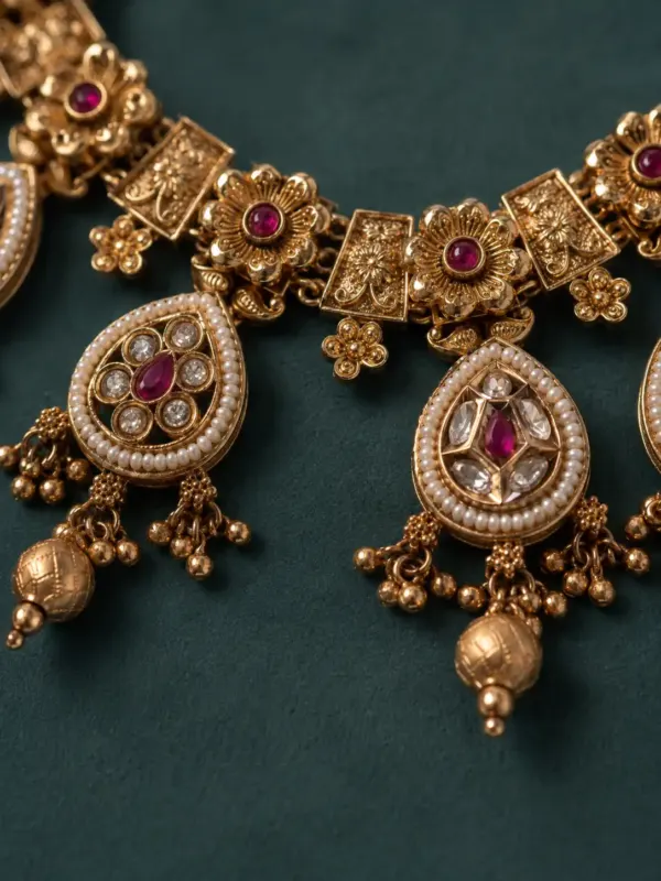 antique kundan necklace set for women – Rajkumari Pink Teardrop Medallion Necklace Set, additional product view 2