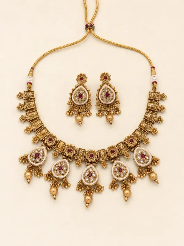pink teardrop medallion necklace set for wedding and festive wear – Rajkumari Pink Teardrop Medallion Necklace Set, additional product view 3