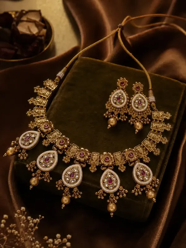 antique kundan necklace set for women – Rajkumari Pink Teardrop Medallion Necklace Set, additional product view 5