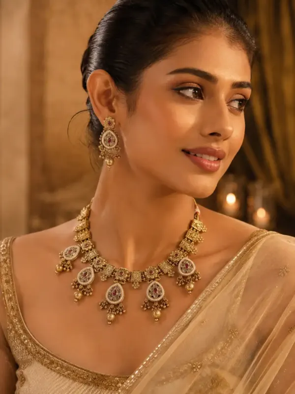 pink teardrop medallion necklace set for wedding and festive wear – Rajkumari Pink Teardrop Medallion Necklace Set, additional product view 6