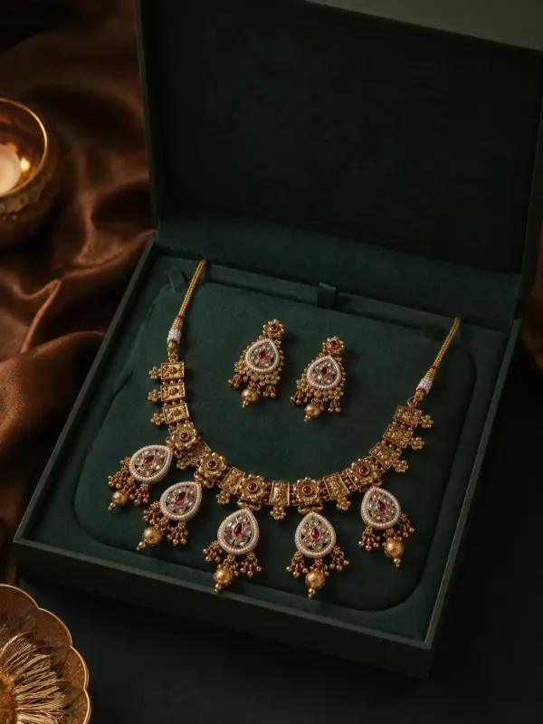 premium artificial necklace set for wedding wear – Rajkumari Pink Teardrop Medallion Necklace Set, additional product view 7
