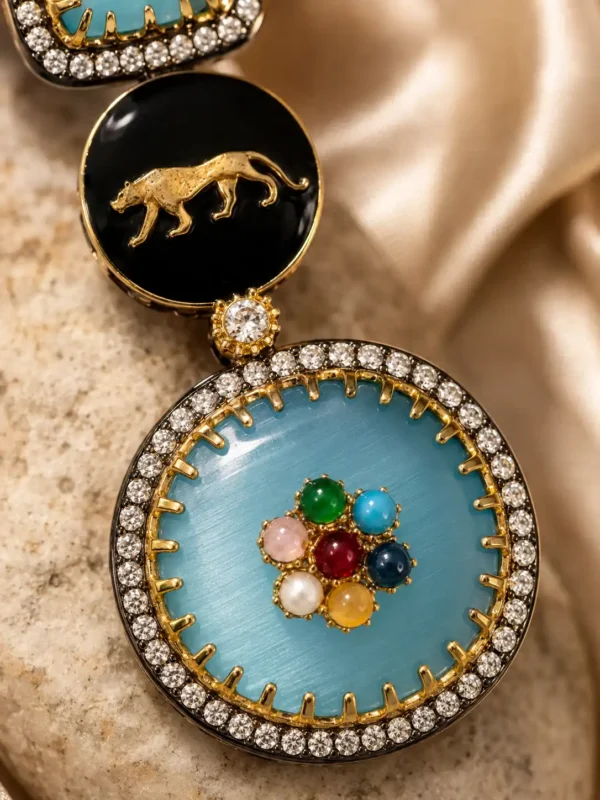 kundan style statement earrings for women – Neelam Royale Powder Blue Panther Earrings, additional product view 2