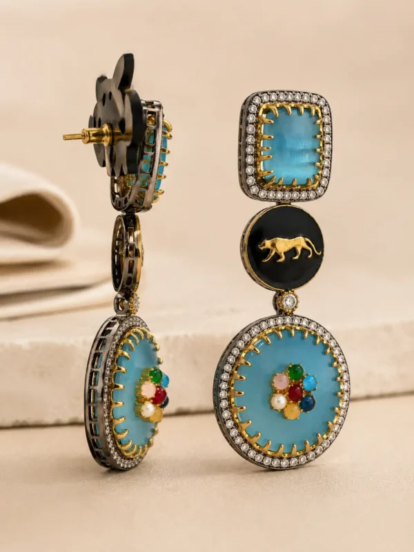 premium artificial earrings for wedding wear – Neelam Royale Powder Blue Panther Earrings, additional product view 4