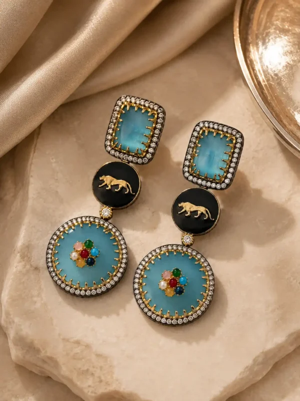 kundan style statement earrings for women – Neelam Royale Powder Blue Panther Earrings, additional product view 5