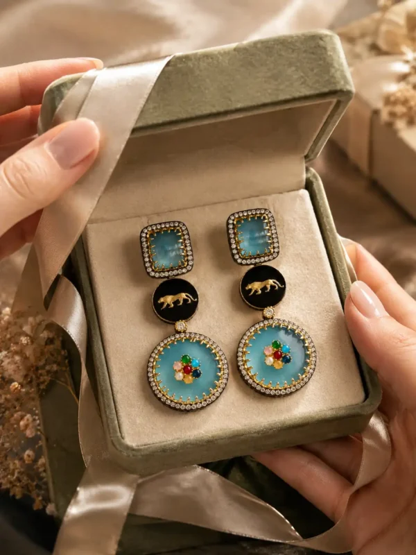 premium artificial earrings for wedding wear – Neelam Royale Powder Blue Panther Earrings, additional product view 7