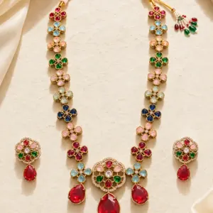 pushpa multicolour floral and red drop necklace set – Navrang Pushpa Multicolour Floral & Red Drop Necklace Set
