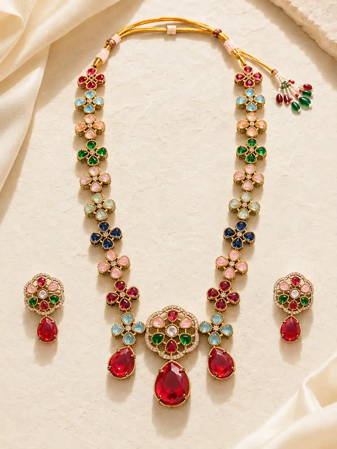 navrang-pushpa-multicolour-floral-red-drop-necklace-set