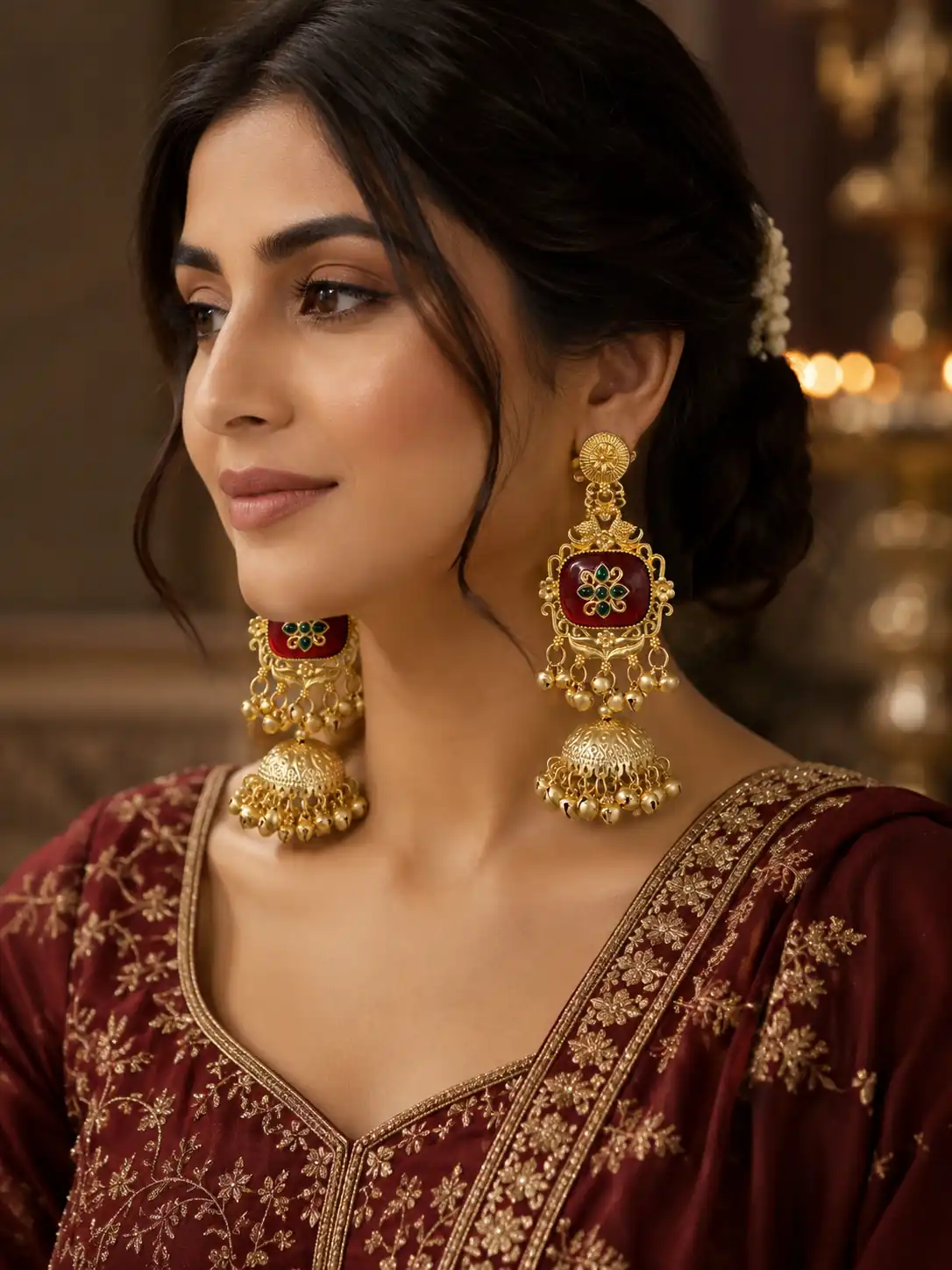 red heritage jhumka earrings for wedding and festive wear – Mehrunisa Shalimar Red Heritage Jhumka Earrings, additional product view 6