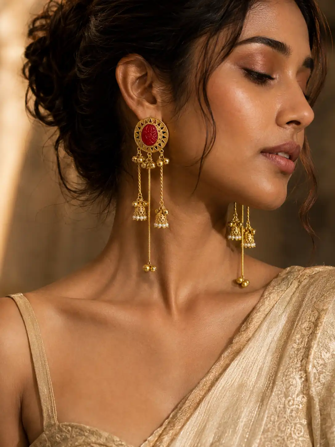 red long drop earrings for wedding and festive wear – Surkh Noor Shalimar Red Long Drop Earrings, additional product view 6