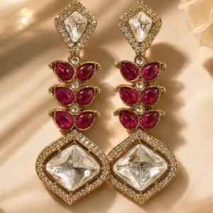 ruby pink geometric drop earrings – Gulnaar Aaina Ruby Pink Geometric Drop Earrings