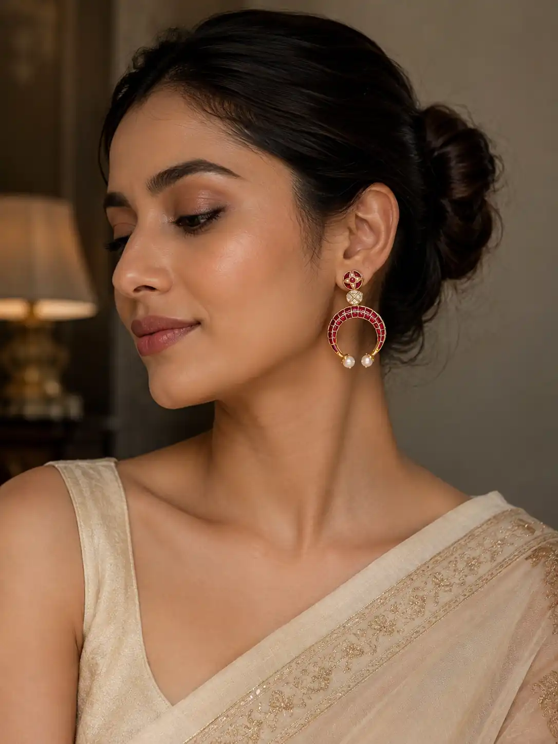 ruby pink open crescent earrings for wedding and festive wear – Gulnaar Chand Ruby Pink Open Crescent Earrings, additional product view 3