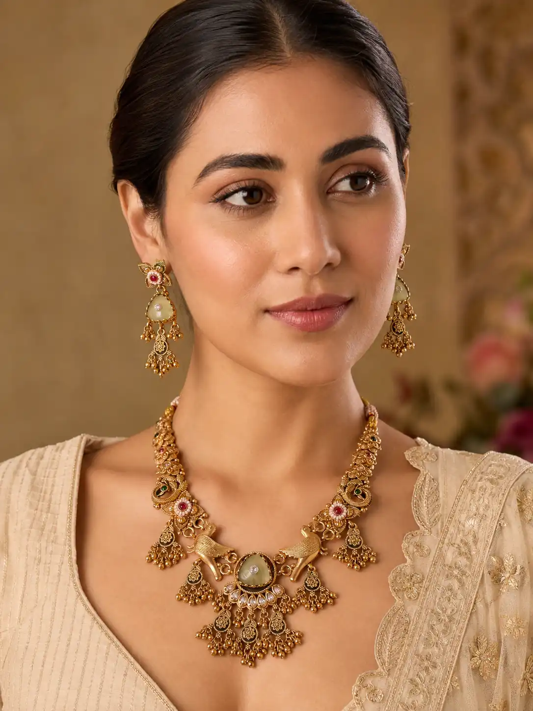 sage bird motif necklace set for wedding and festive wear – Mayurshree Sage Bird Motif Necklace Set, additional product view 3