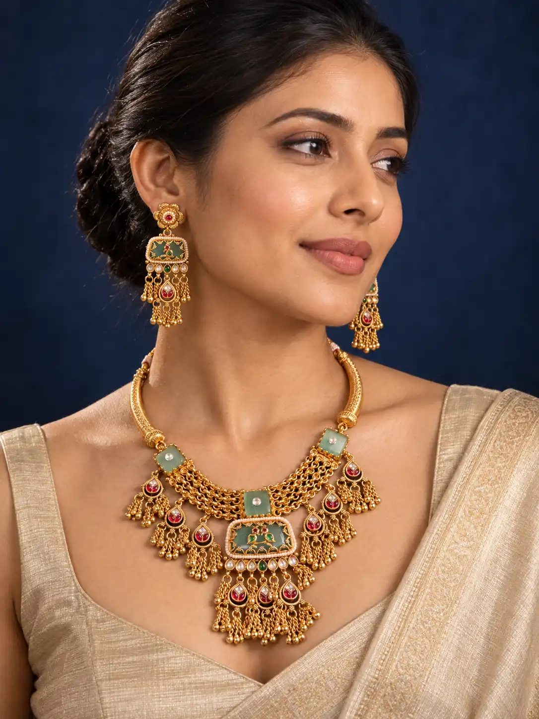 premium artificial necklace set for wedding wear – Hansmilan Sea Green Bird Panel Necklace Set, additional product view 7