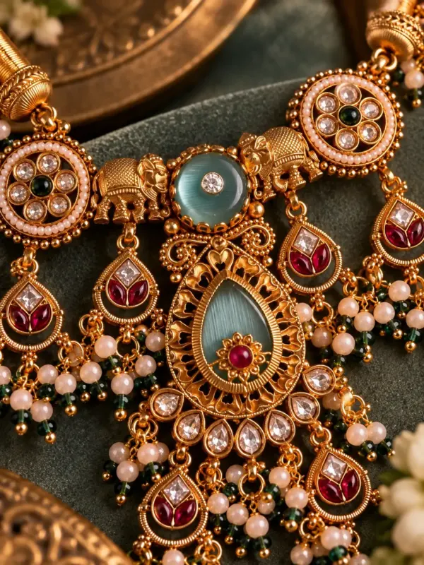 antique kundan necklace set for women – Gajmohini Sea Green Elephant Pendant Necklace Set, additional product view 2