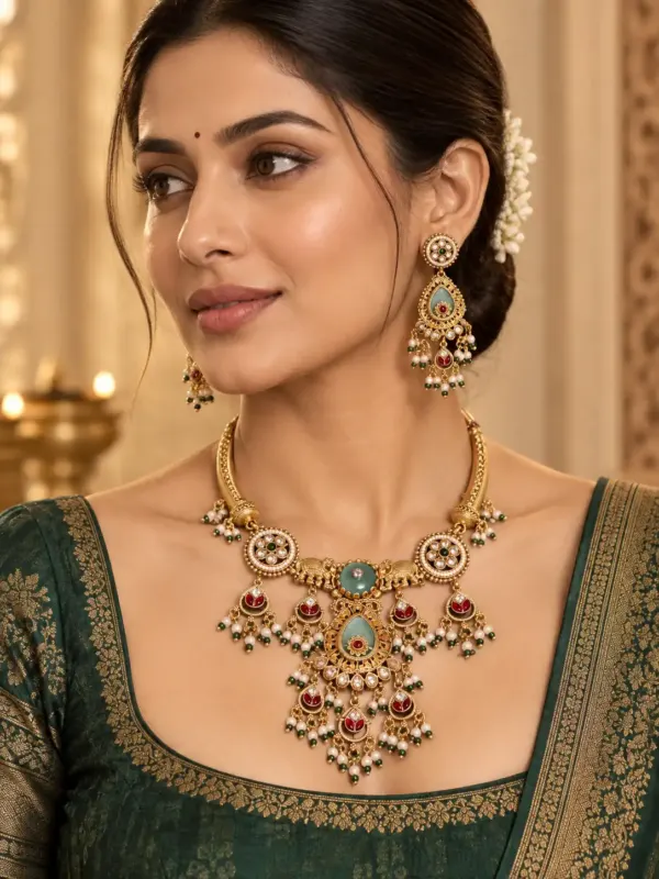 sea green elephant pendant necklace set for wedding and festive wear – Gajmohini Sea Green Elephant Pendant Necklace Set, additional product view 3