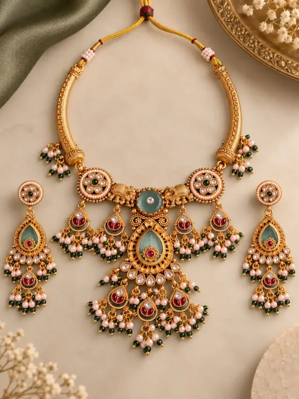 premium artificial necklace set for wedding wear – Gajmohini Sea Green Elephant Pendant Necklace Set, additional product view 4
