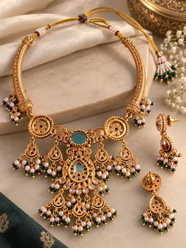 antique kundan necklace set for women – Gajmohini Sea Green Elephant Pendant Necklace Set, additional product view 5