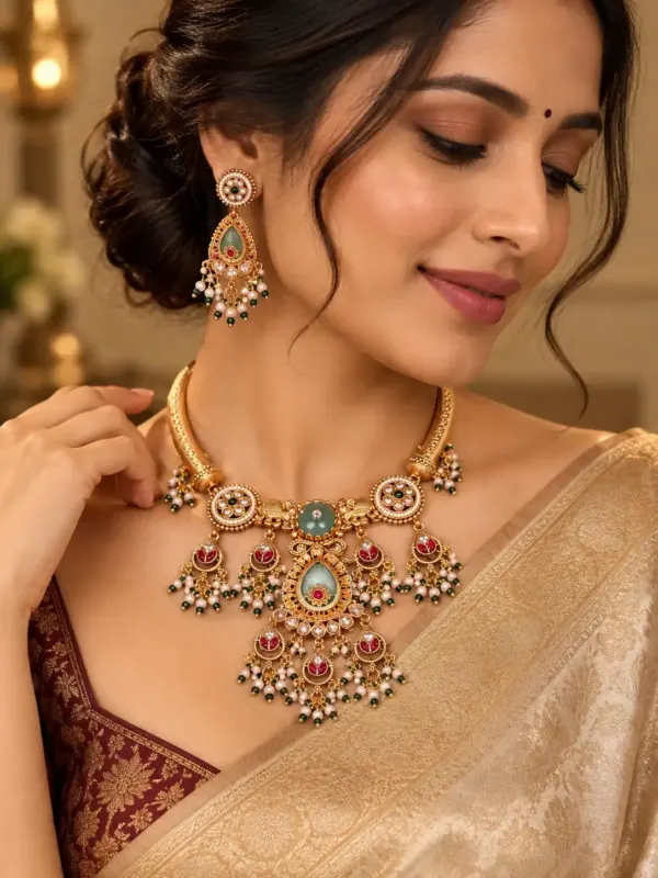 premium artificial necklace set for wedding wear – Gajmohini Sea Green Elephant Pendant Necklace Set, additional product view 7
