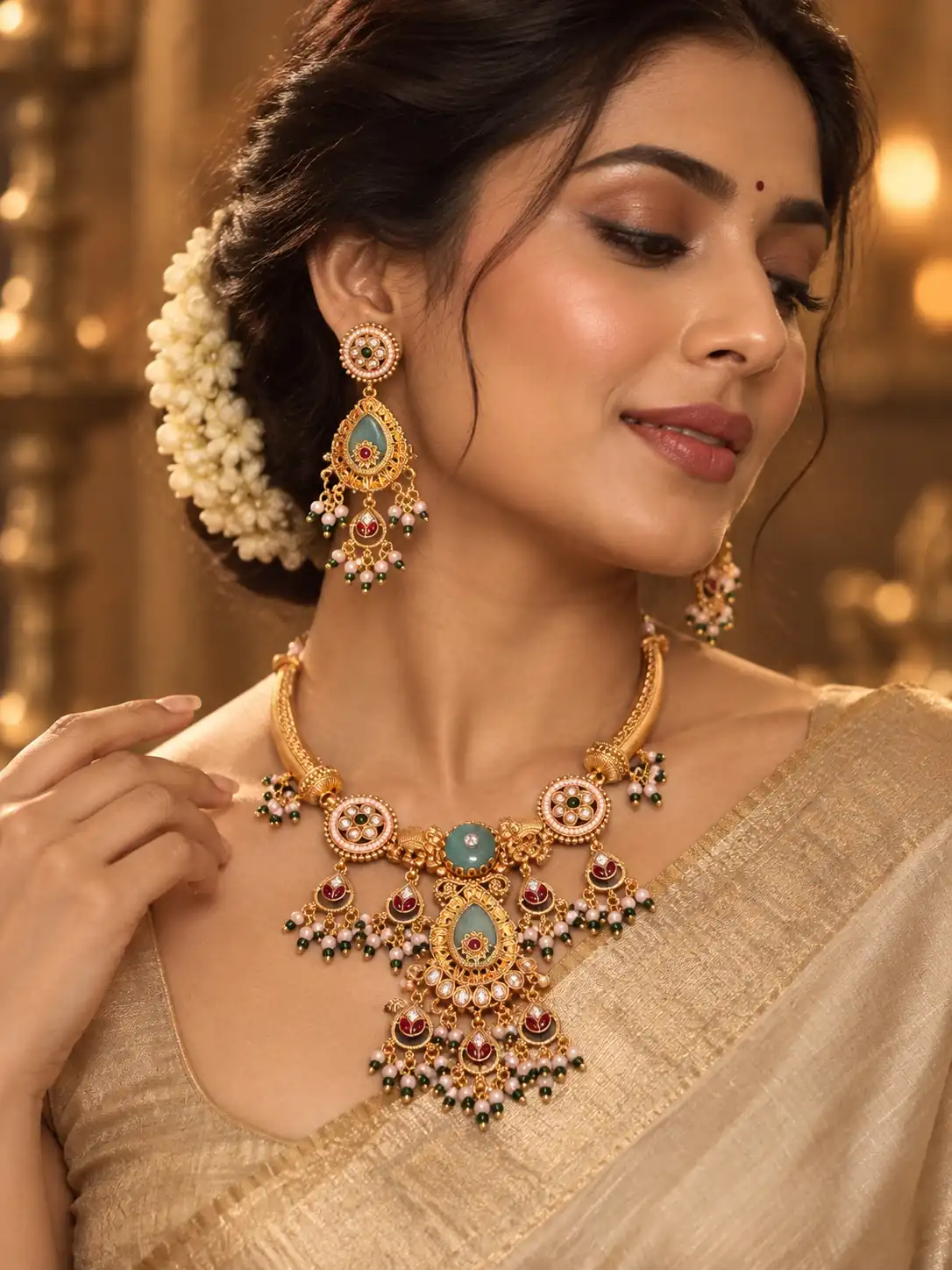 antique kundan necklace set for women – Gajmohini Sea Green Elephant Pendant Necklace Set, additional product view 8