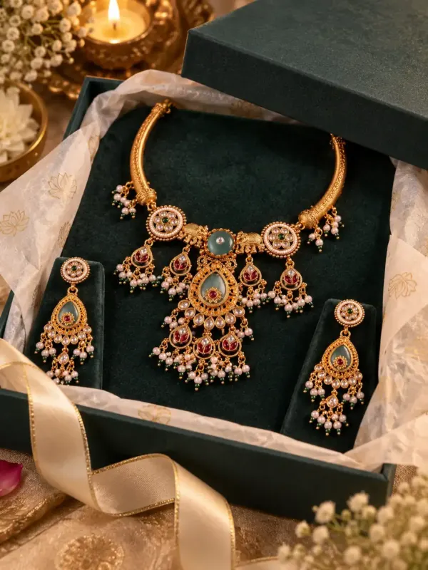 premium artificial necklace set for wedding wear – Gajmohini Sea Green Elephant Pendant Necklace Set, additional product view 10