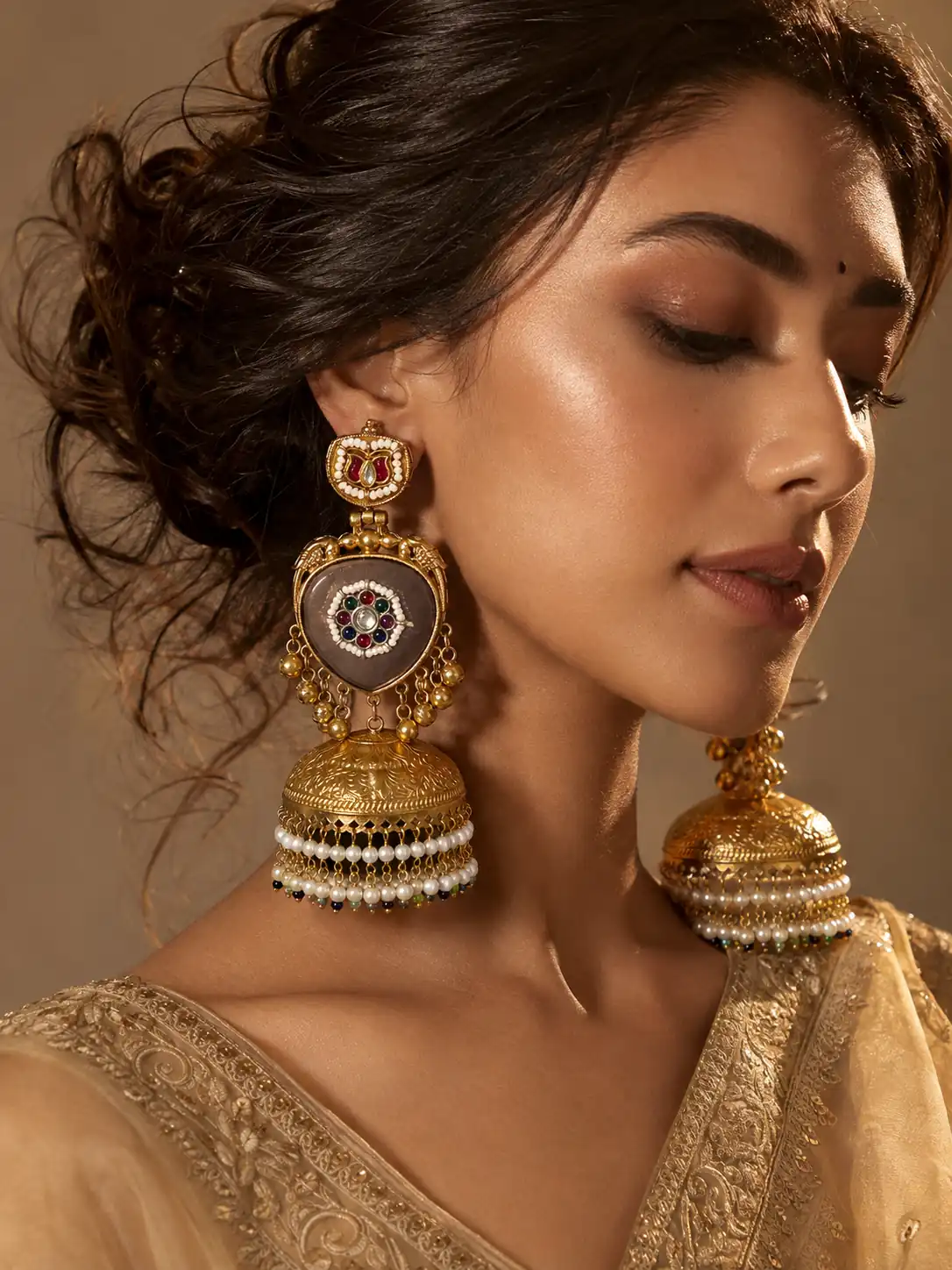 kashmiri statement earrings for women – Shahnoor Smoky Grey Heritage Jhumka Earrings, additional product view 8