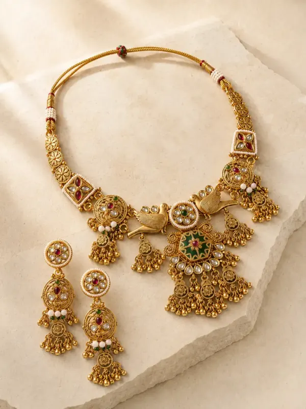 twin-bird floral pendant necklace set for wedding and festive wear – Rajhans Twin-Bird Floral Pendant Necklace Set, additional product view 3