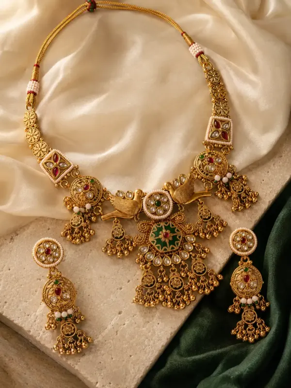 antique kundan necklace set for women – Rajhans Twin-Bird Floral Pendant Necklace Set, additional product view 5