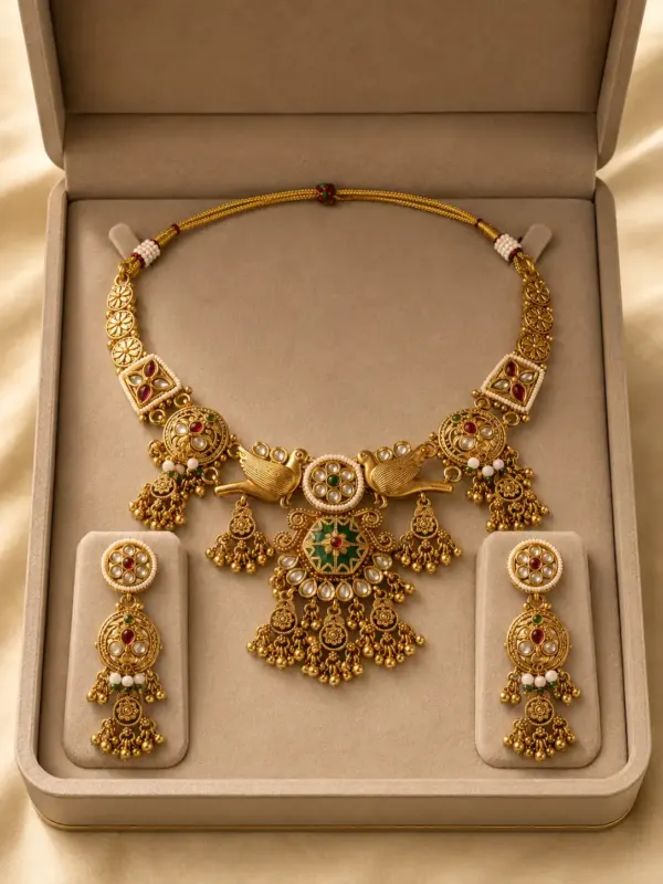 premium artificial necklace set for wedding wear – Rajhans Twin-Bird Floral Pendant Necklace Set, additional product view 7