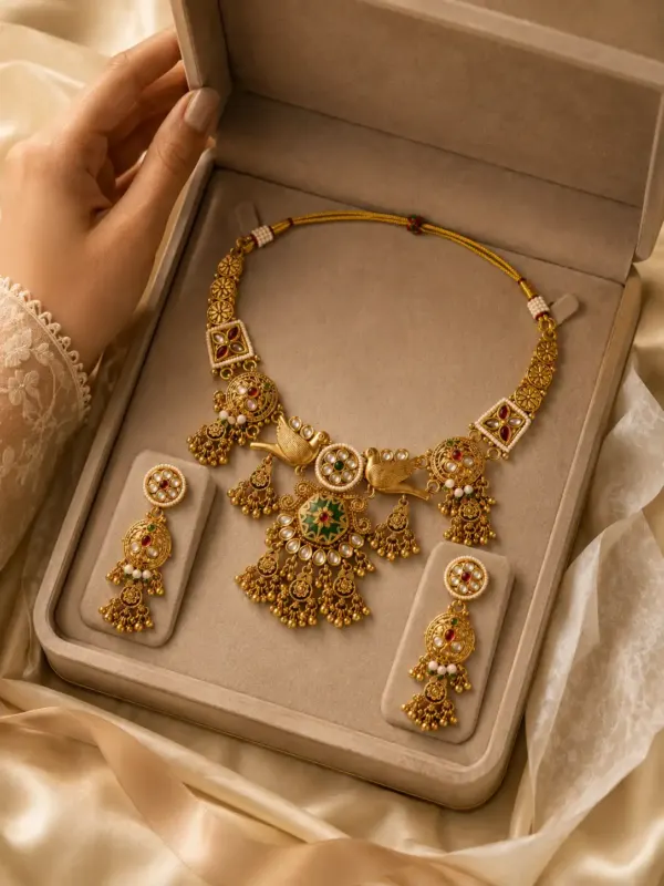antique kundan necklace set for women – Rajhans Twin-Bird Floral Pendant Necklace Set, additional product view 8