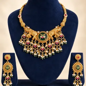 twin-elephant and deep green necklace set – Gajratna Twin-Elephant & Deep Green Necklace Set
