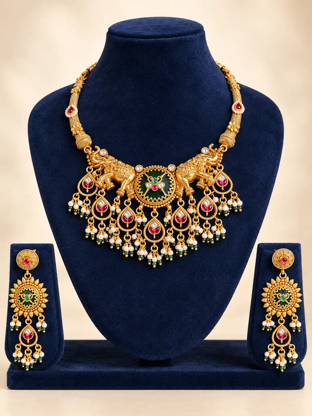 gajratna-twin-elephant-deep-green-necklace-set