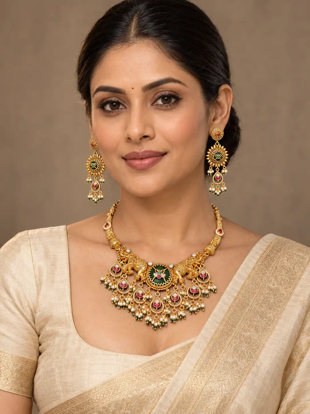 twin-elephant and deep green necklace set for wedding and festive wear – Gajratna Twin-Elephant & Deep Green Necklace Set, additional product view 3