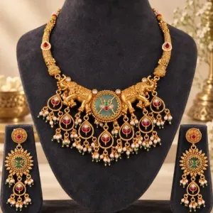 twin-elephant and green medallion necklace set – Gajshree Twin-Elephant & Green Medallion Necklace Set