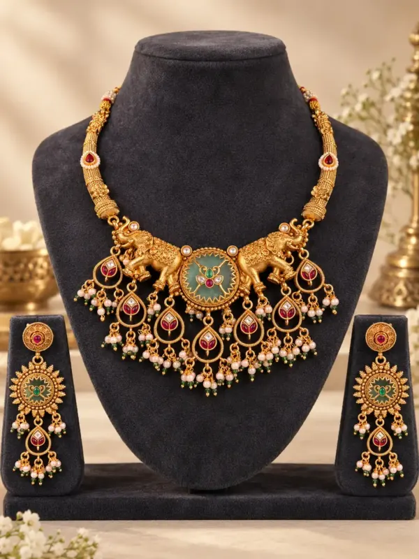 twin-elephant and green medallion necklace set – Gajshree Twin-Elephant & Green Medallion Necklace Set