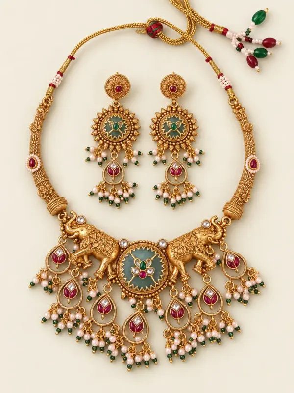 premium artificial necklace set for wedding wear – Gajshree Twin-Elephant & Green Medallion Necklace Set, additional product view 4