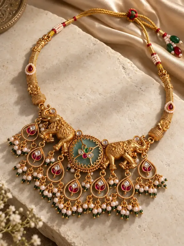 antique kundan necklace set for women – Gajshree Twin-Elephant & Green Medallion Necklace Set, additional product view 5