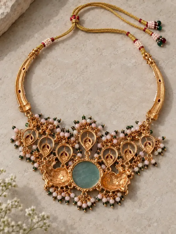 twin-elephant and green medallion necklace set for wedding and festive wear – Gajshree Twin-Elephant & Green Medallion Necklace Set, additional…