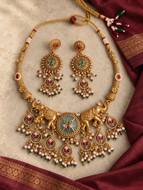 premium artificial necklace set for wedding wear – Gajshree Twin-Elephant & Green Medallion Necklace Set, additional product view 7
