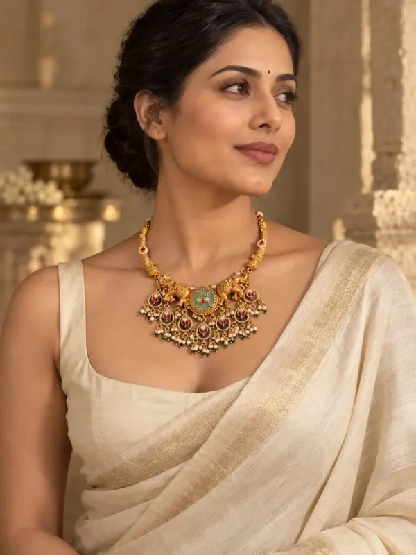 antique kundan necklace set for women – Gajshree Twin-Elephant & Green Medallion Necklace Set, additional product view 8
