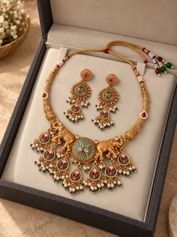twin-elephant and green medallion necklace set for wedding and festive wear – Gajshree Twin-Elephant & Green Medallion Necklace Set, additional…
