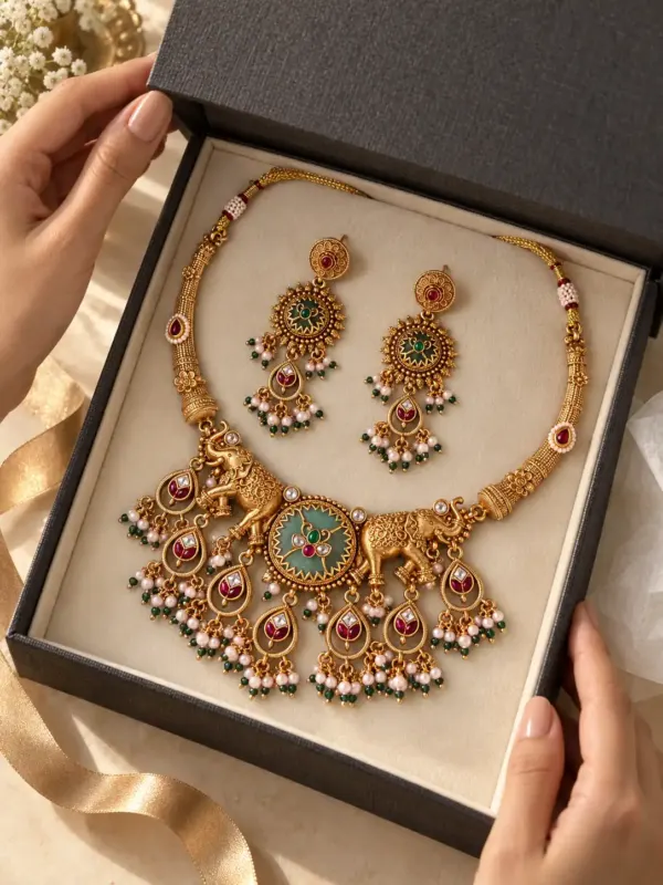 premium artificial necklace set for wedding wear – Gajshree Twin-Elephant & Green Medallion Necklace Set, additional product view 10