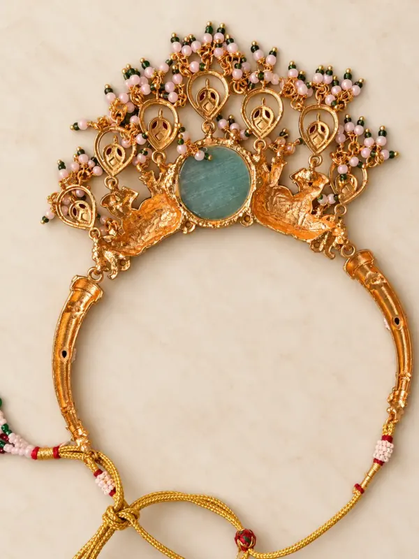 antique kundan necklace set for women – Gajshree Twin-Elephant & Green Medallion Necklace Set, additional product view 11