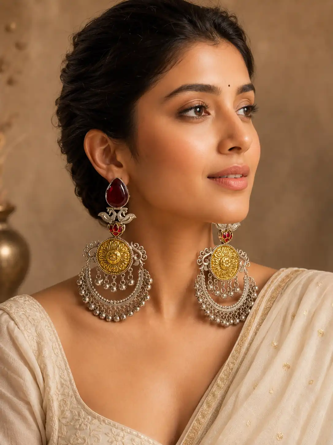 two tone chandbali earrings for wedding and festive wear – Gulnaar Shalimar Two-Tone Chandbali Earrings, additional product view 3